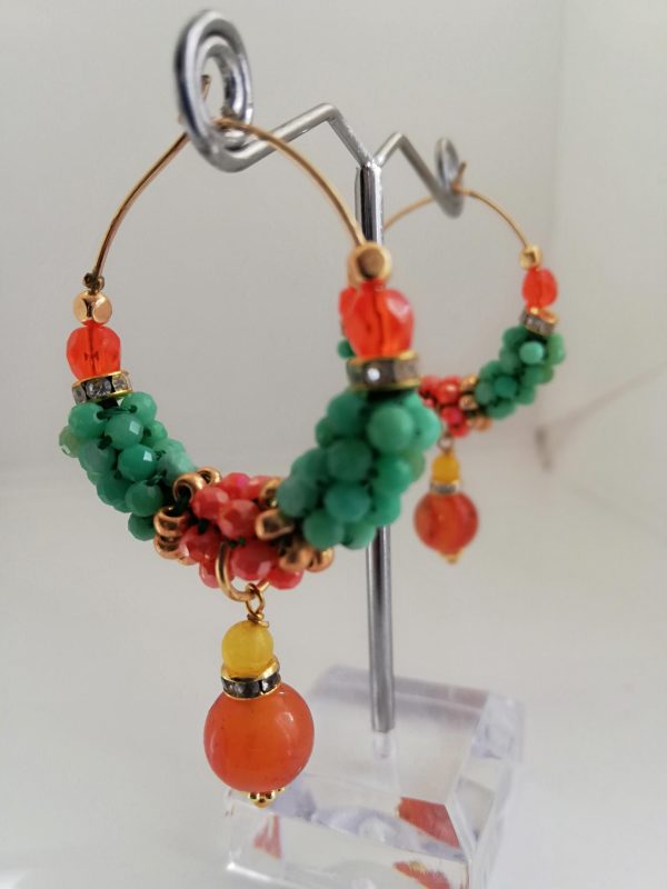 boucles d'oreilles créoles, pierre chrysoprase, cornaline