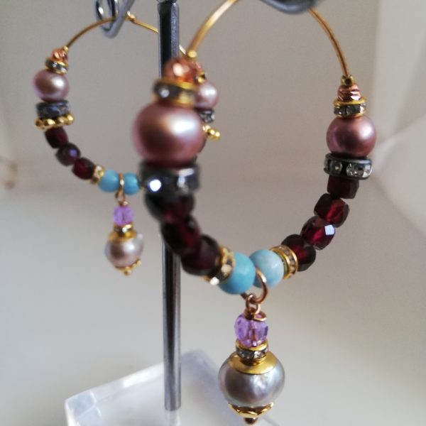 Boucles d'oreilles ,Créoles ethniques Larimar et Grenat