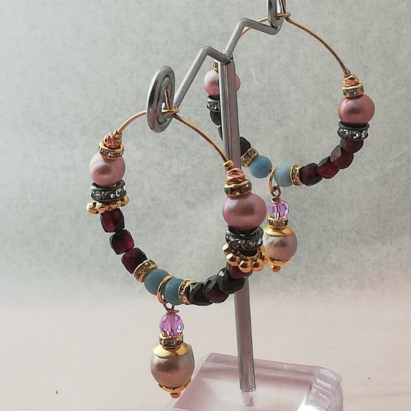 Boucles d'oreilles ,Créoles ethniques Larimar et Grenat