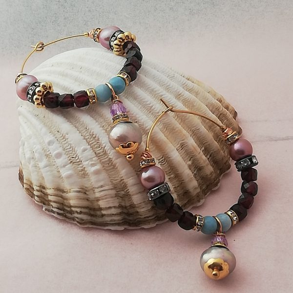 Boucles d'oreilles ,Créoles ethniques Larimar et Grenat