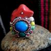 Grosse bague Bleue désert, turquoise et corail Corse, ajustable nomade bohème , pour Elle, lui.