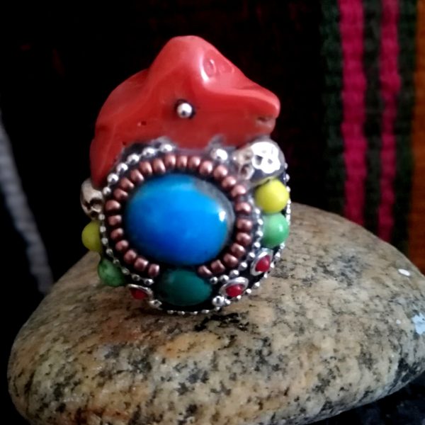 Grosse bague Bleue désert, turquoise et corail Corse, ajustable nomade bohème , pour Elle, lui.