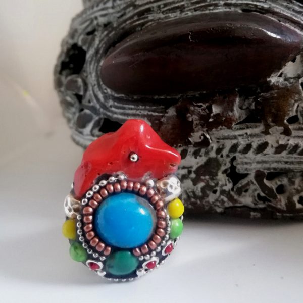 Grosse bague Bleue désert, turquoise et corail Corse, ajustable nomade bohème , pour Elle, lui.