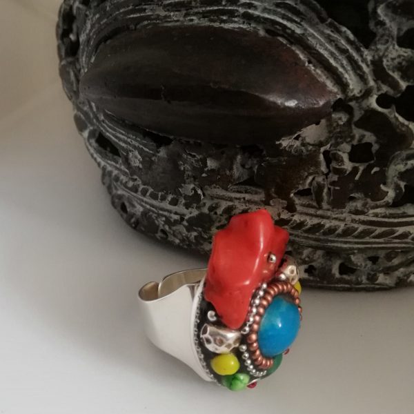 Grosse bague Bleue désert, turquoise et corail Corse, ajustable nomade bohème , pour Elle, lui.