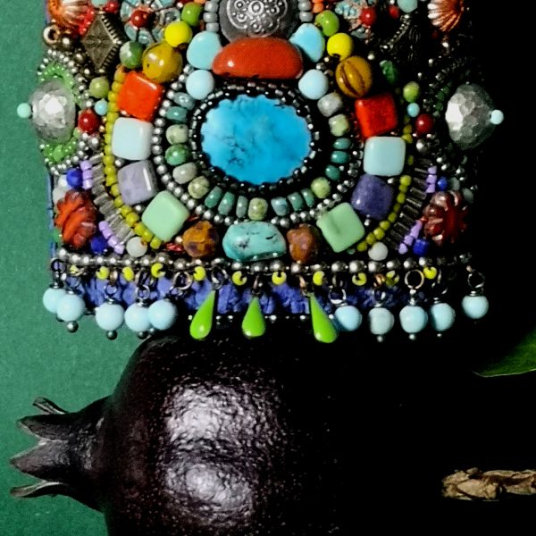 Manchette Brodée, turquoise et corail, Bleue Désert